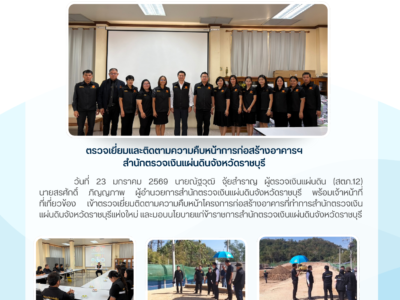 นายณัฐวุฒิ จุ้ยสำราญ ผู้ตรวจเงินแผ่นดิน (สตภ.12) เข้าตรวจเยี่ยมติดตามความคืบหน้าโครงการก่อสร้างอาคารที่ทำการสำนักตรวจเงินแผ่นดินจังหวัดราชบุรีแห่งใหม่ และมอบนโยบาย  แก่ข้าราชการสำนักตรวจเงินแผ่นดินจังหวัดราชบุรี